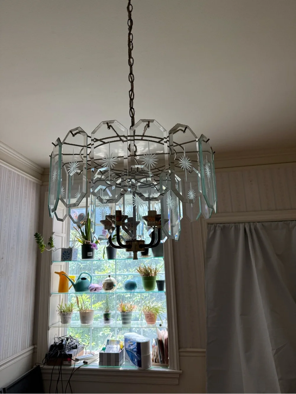 Vintage Hollywood Regency 5-Light Etched Glass Chandelier – MCM Brass
